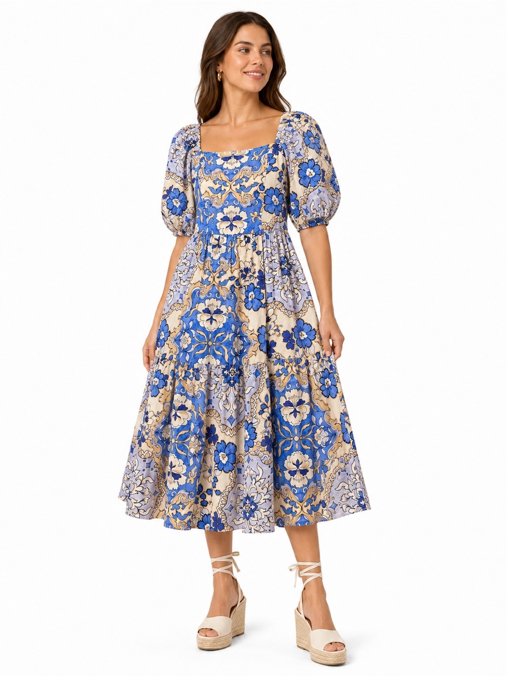 Vince Camuto Floral Cotton Puff Sleeve Tiered Midi Dress 0P NWT